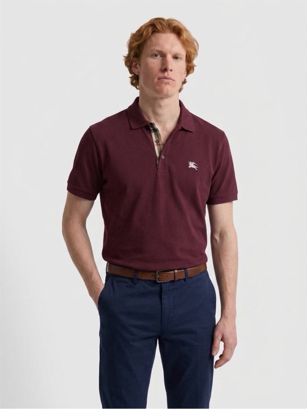 BURBERRY BRIT Men's SIZE SMALL Maroon Polo with Signature NOVA Plaid PRISTINE